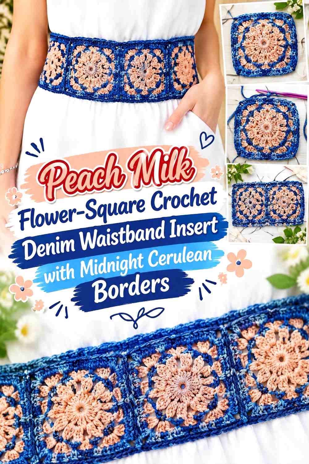 Peach Milk Flower-Square Crochet Denim Waistband Insert with Midnight Cerulean Borders