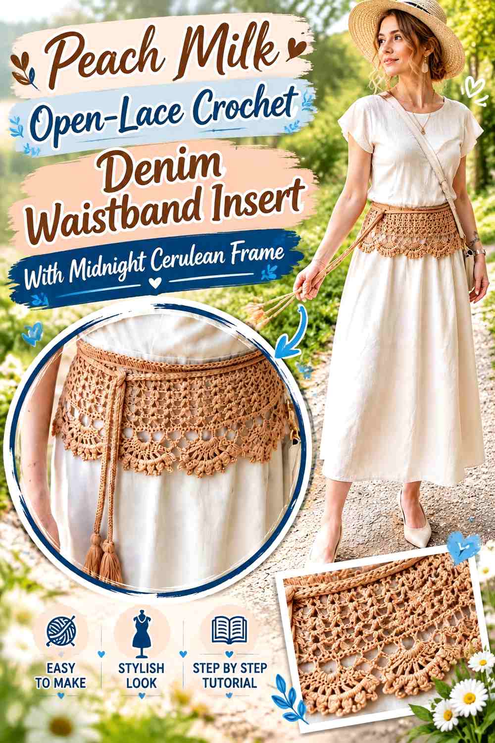 Peach Milk Open-Lace Crochet Denim Waistband Insert With Midnight Cerulean Frame