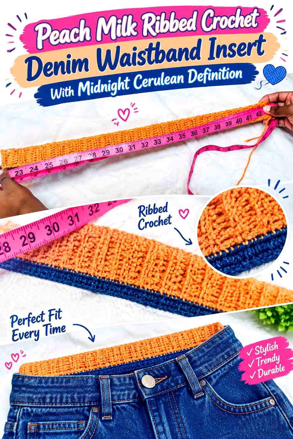 Peach Milk Ribbed Crochet Denim Waistband Insert With Midnight Cerulean Definition
