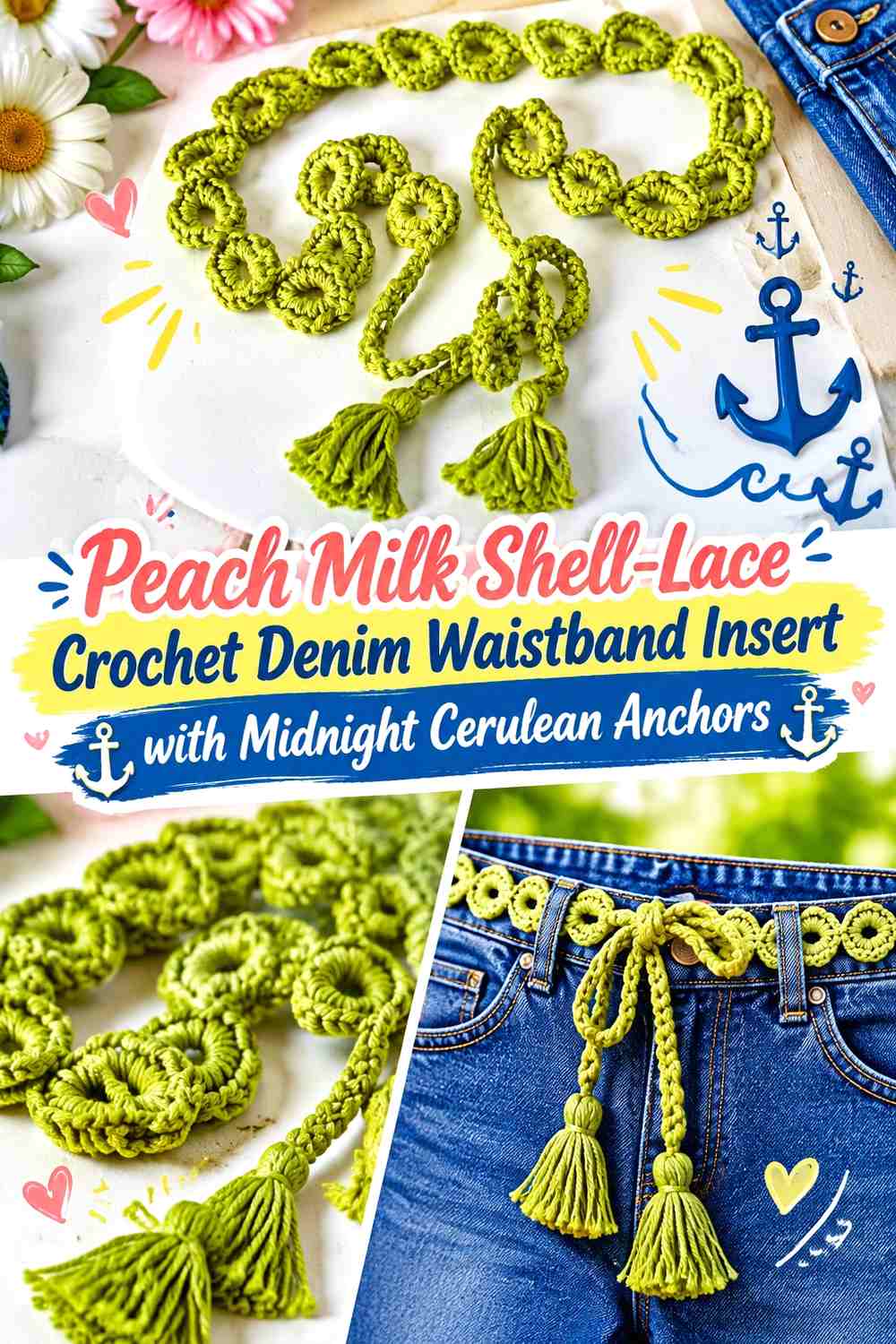 Peach Milk Shell-Lace Crochet Denim Waistband Insert with Midnight Cerulean Anchors