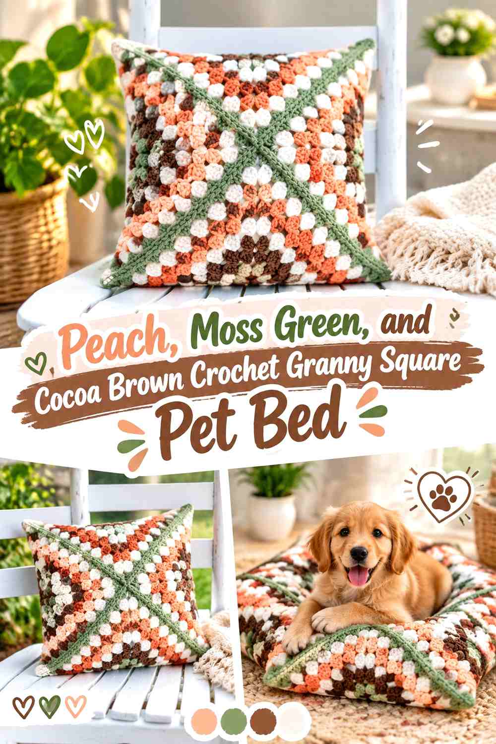 Peach, Moss Green, and Cocoa Brown Crochet Granny Square Pet Bed