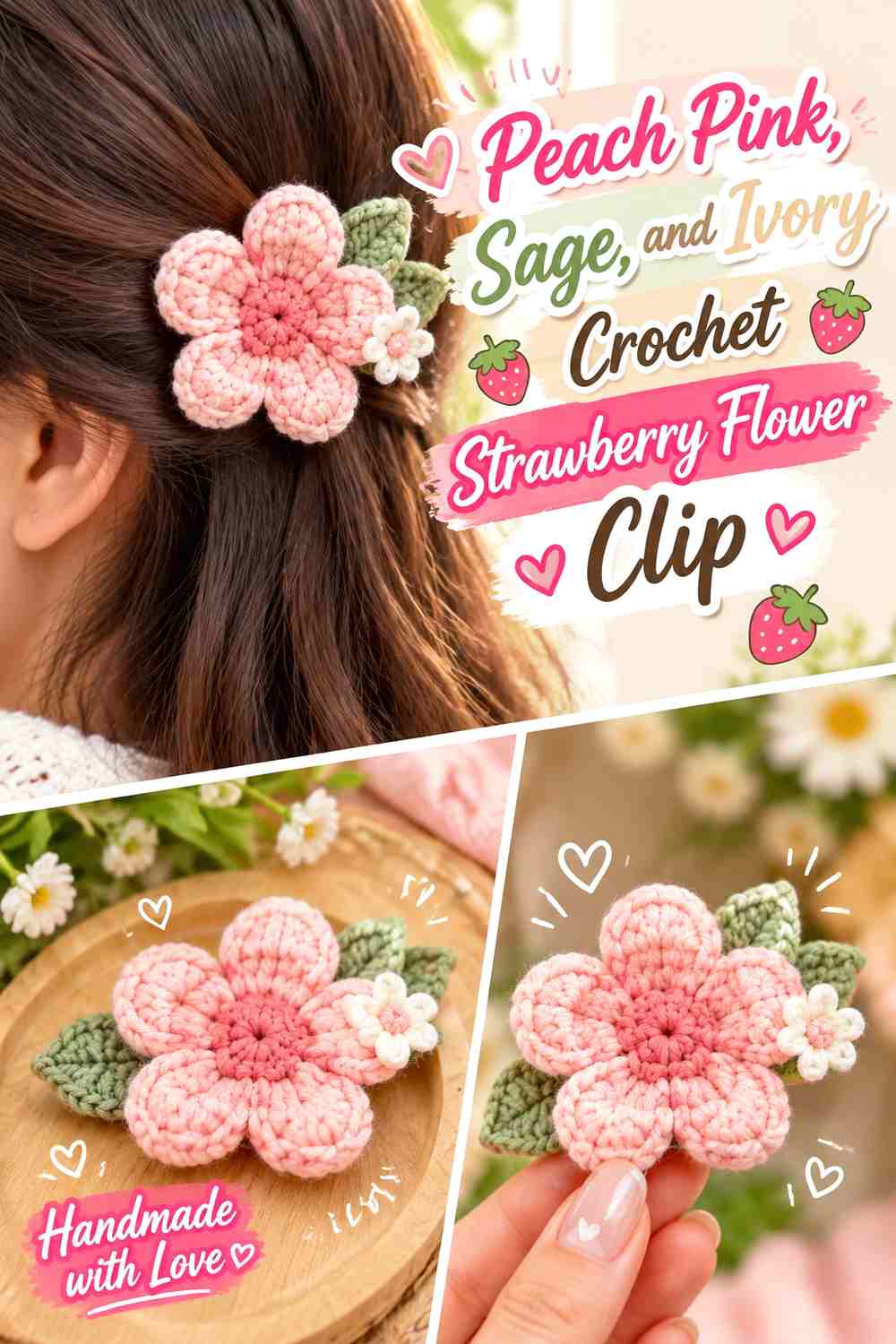 Peach Pink, Sage, and Ivory Crochet Strawberry Flower Clip