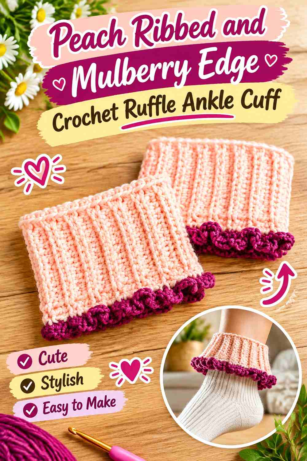 7. Peach Ribbed And Mulberry Edge Crochet Ruffle Ankle Cuff