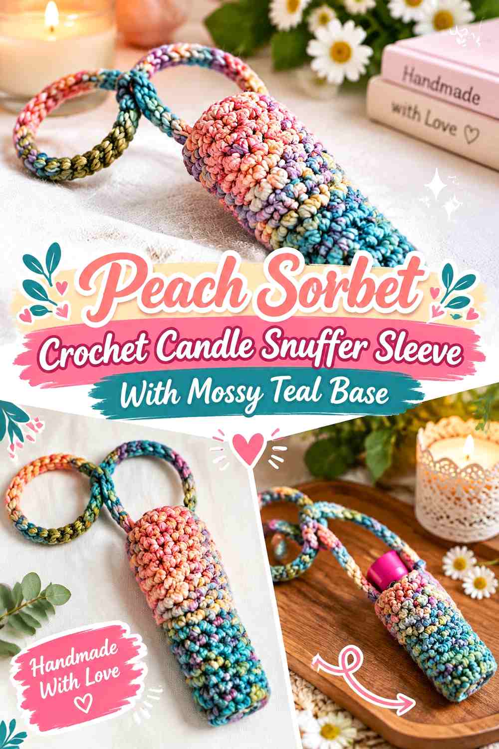 Peach Sorbet Crochet Candle Snuffer Sleeve With Mossy Teal Base