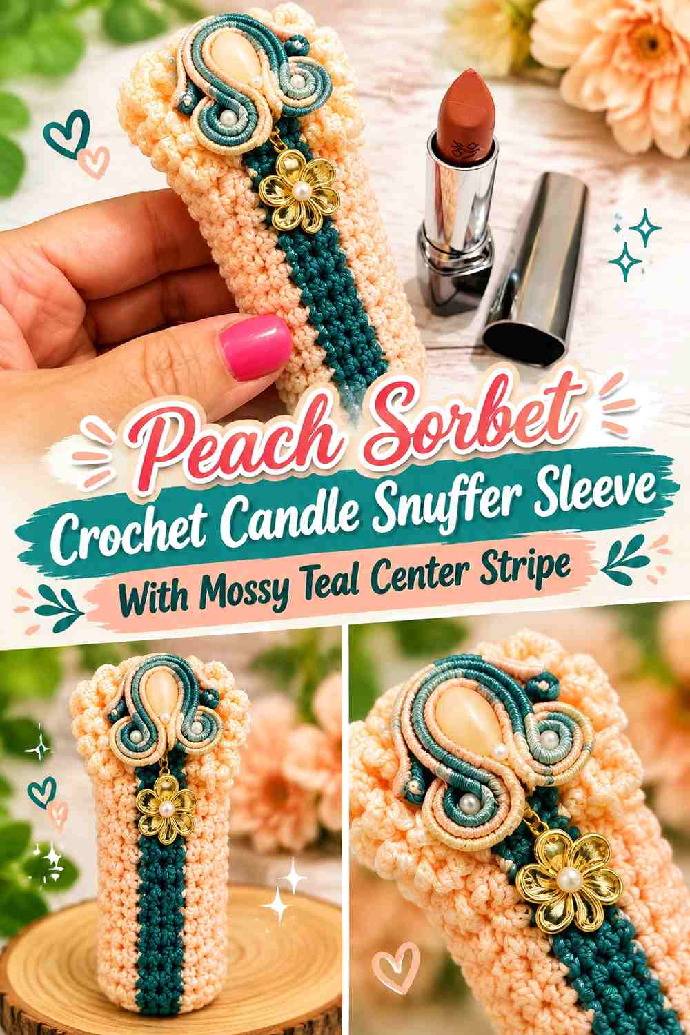 Peach Sorbet Crochet Candle Snuffer Sleeve With Mossy Teal Center Stripe