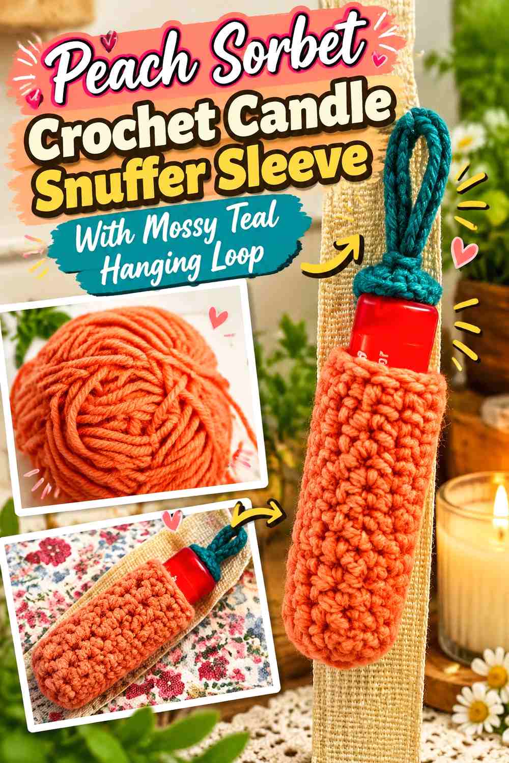 Peach Sorbet Crochet Candle Snuffer Sleeve With Mossy Teal Hanging Loop