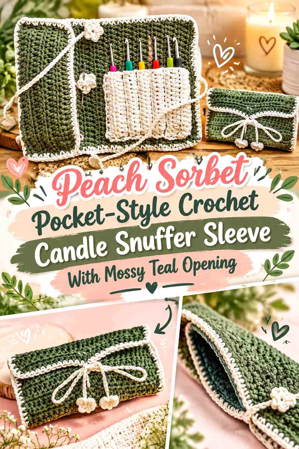 Peach Sorbet Pocket Style Crochet Candle Snuffer Sleeve With Mossy Teal Opening
