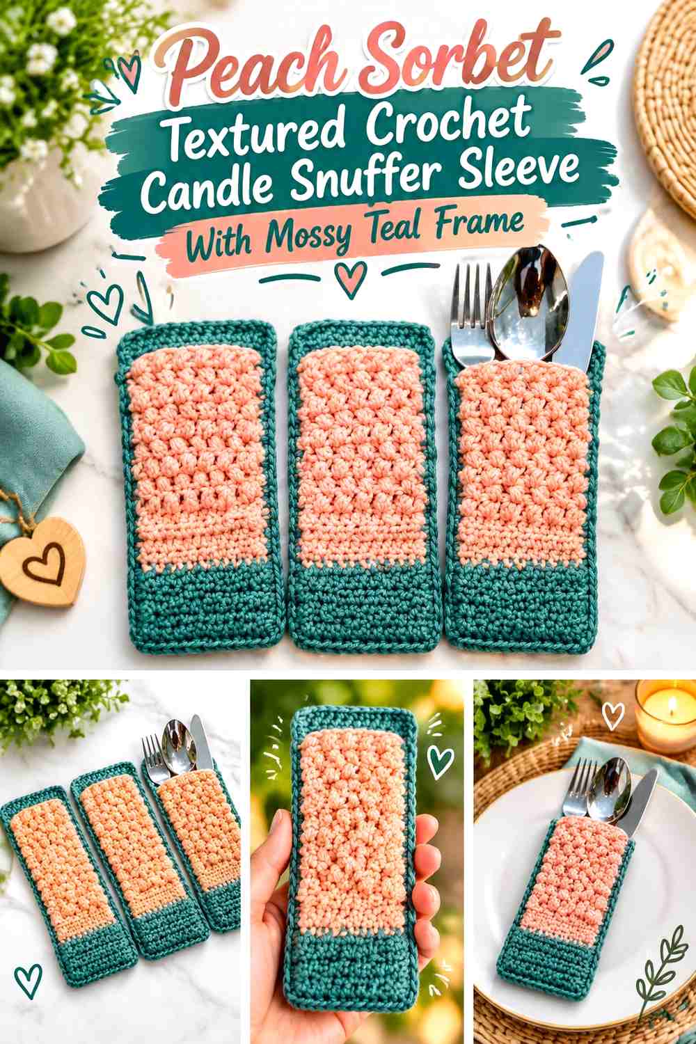 Peach Sorbet Textured Crochet Candle Snuffer Sleeve With Mossy Teal Frame