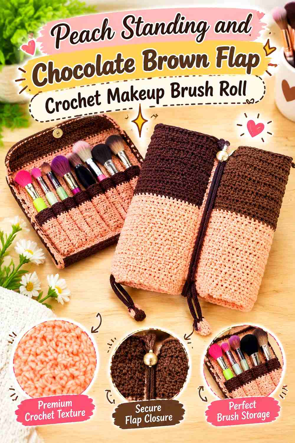 7. Peach Standing And Chocolate Brown Flap Crochet Makeup Brush Roll