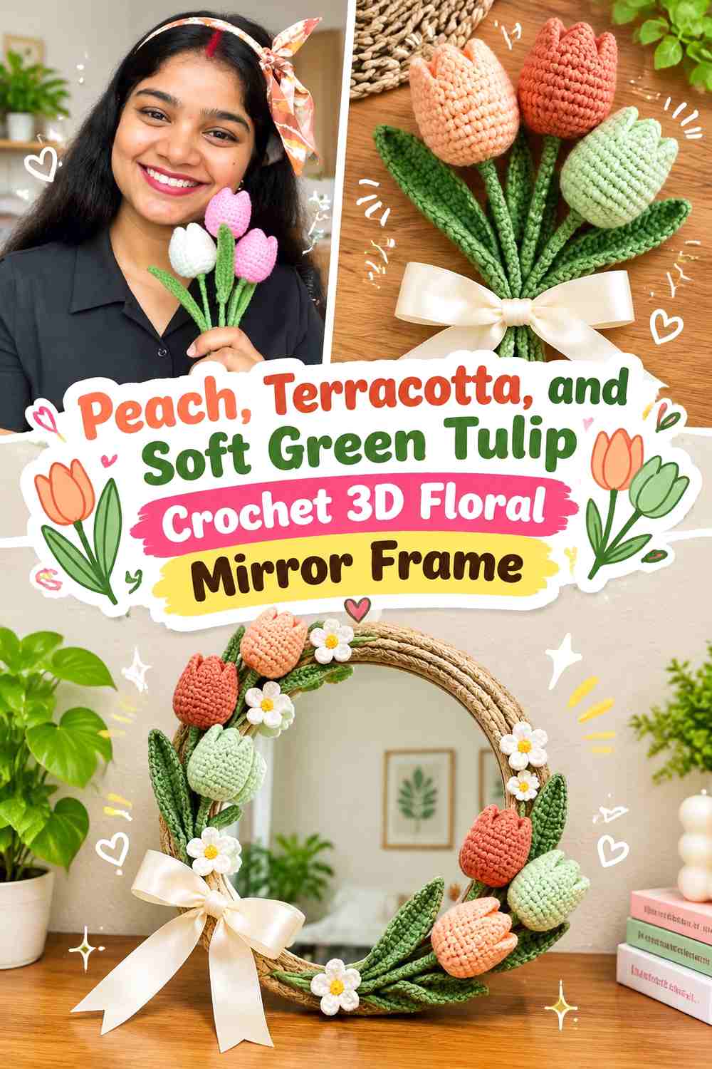 Peach, Terracotta, and Soft Green Tulip Crochet 3D Floral Mirror Frame