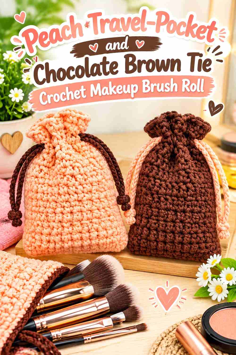 13. Peach Travel Pocket And Chocolate Brown Tie Crochet Makeup Brush Roll