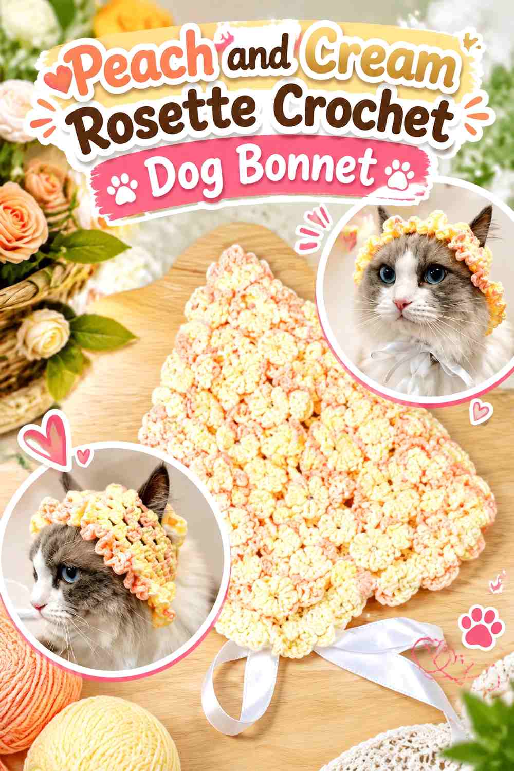 Peach and Cream Rosette Crochet Dog Bonnet