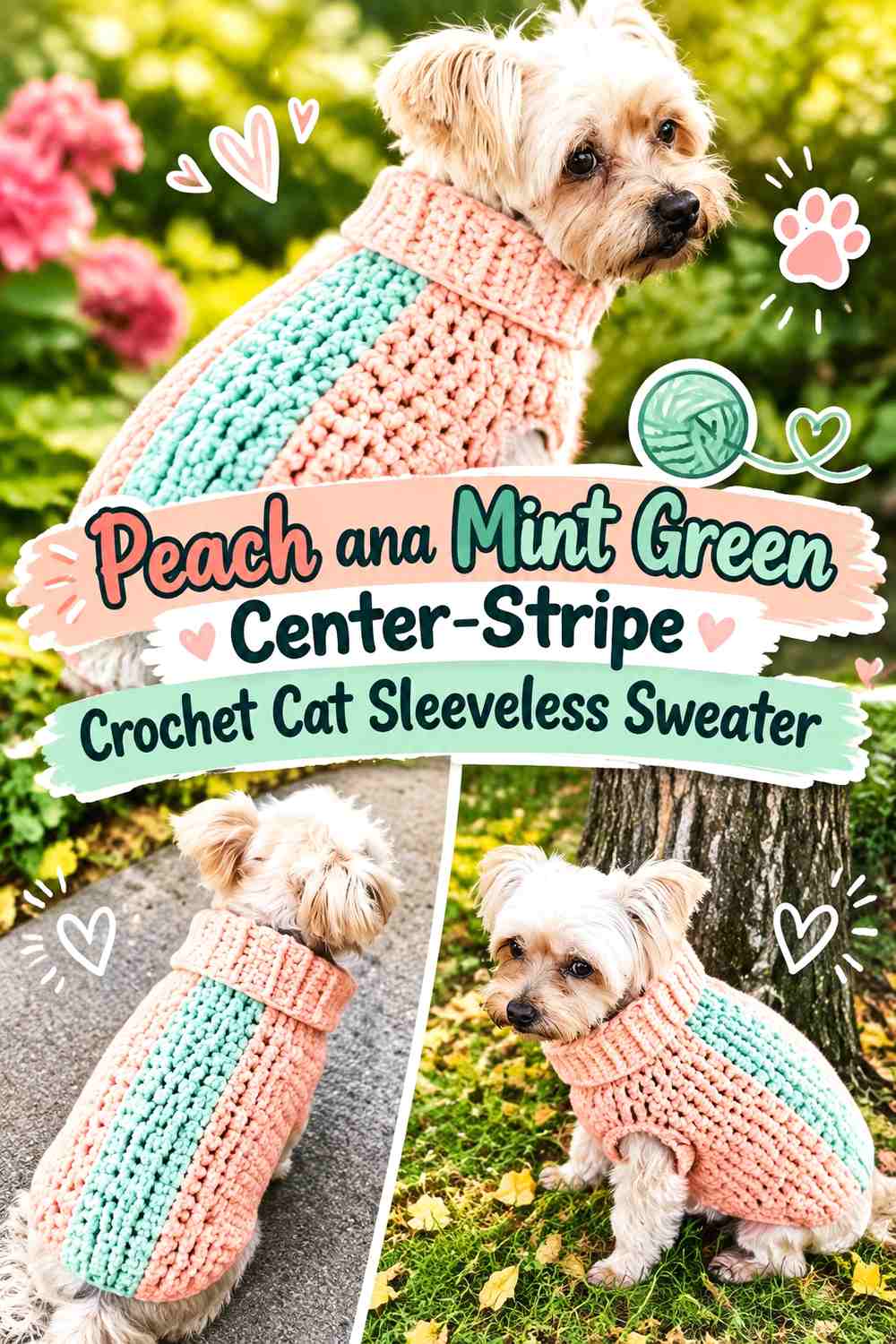 Peach and Mint Green Center-Stripe Crochet Cat Sleeveless Sweater