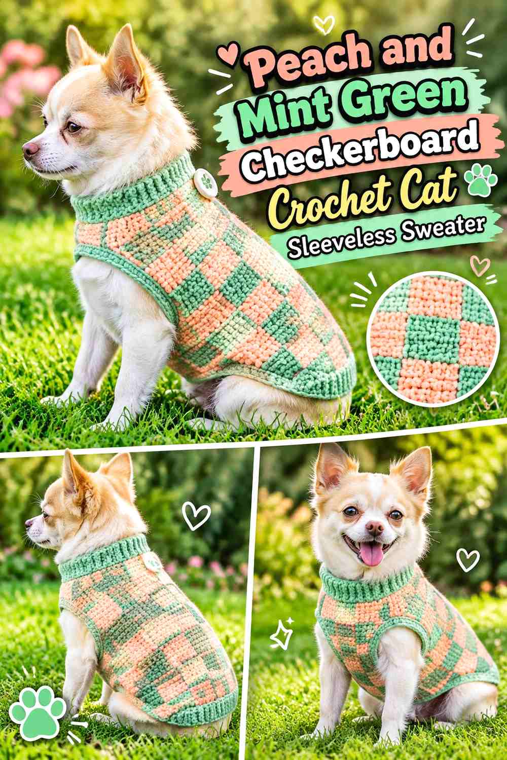 Peach and Mint Green Checkerboard Crochet Cat Sleeveless Sweater