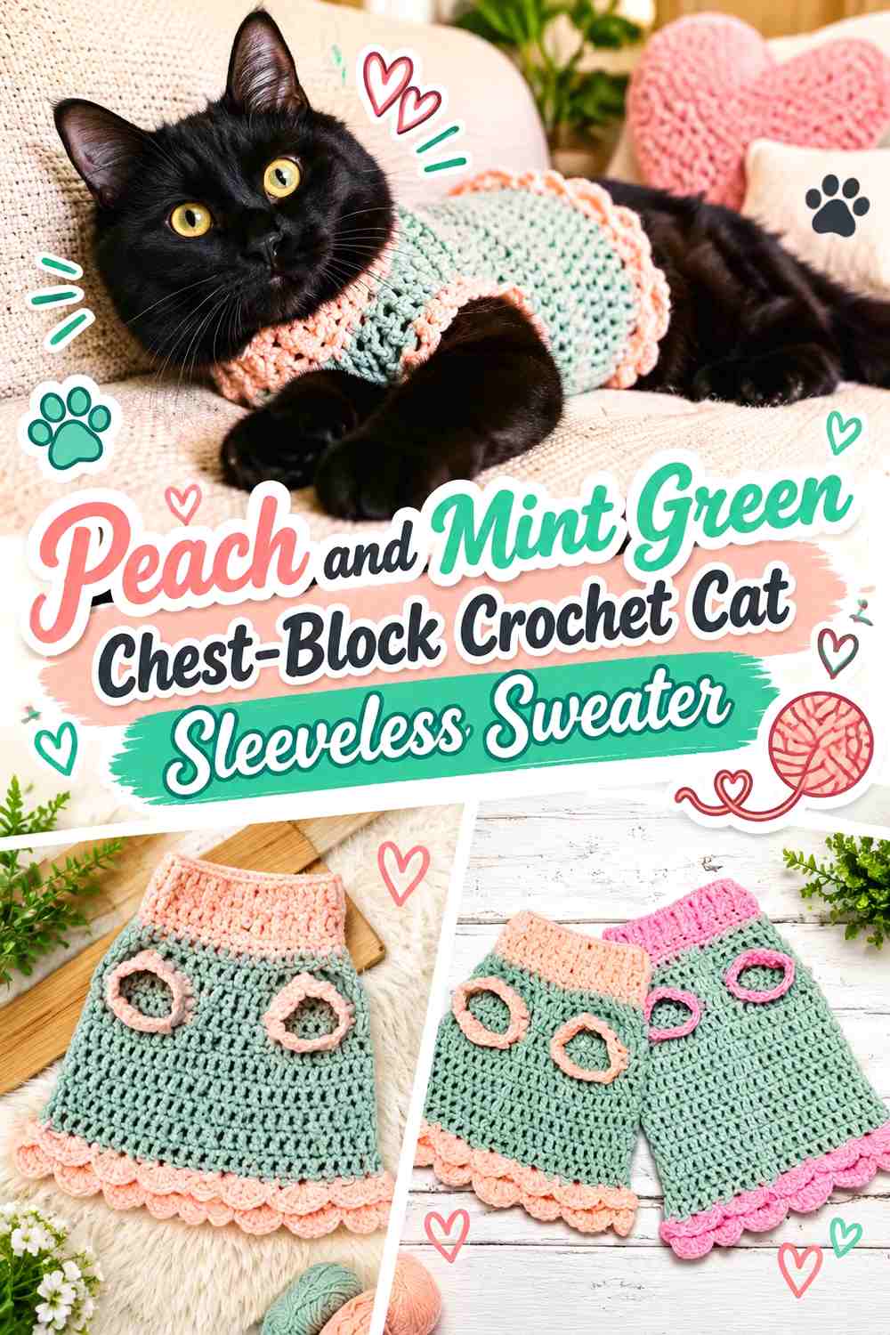 Peach and Mint Green Chest-Block Crochet Cat Sleeveless Sweater