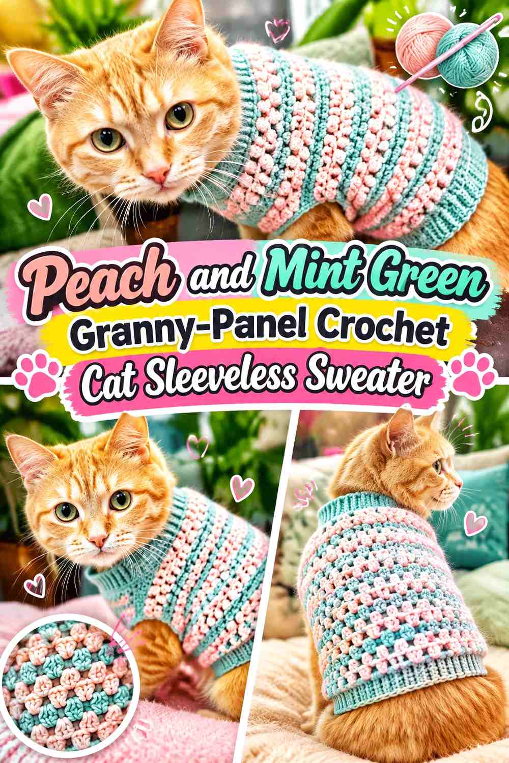 Peach and Mint Green Granny-Panel Crochet Cat Sleeveless Sweater