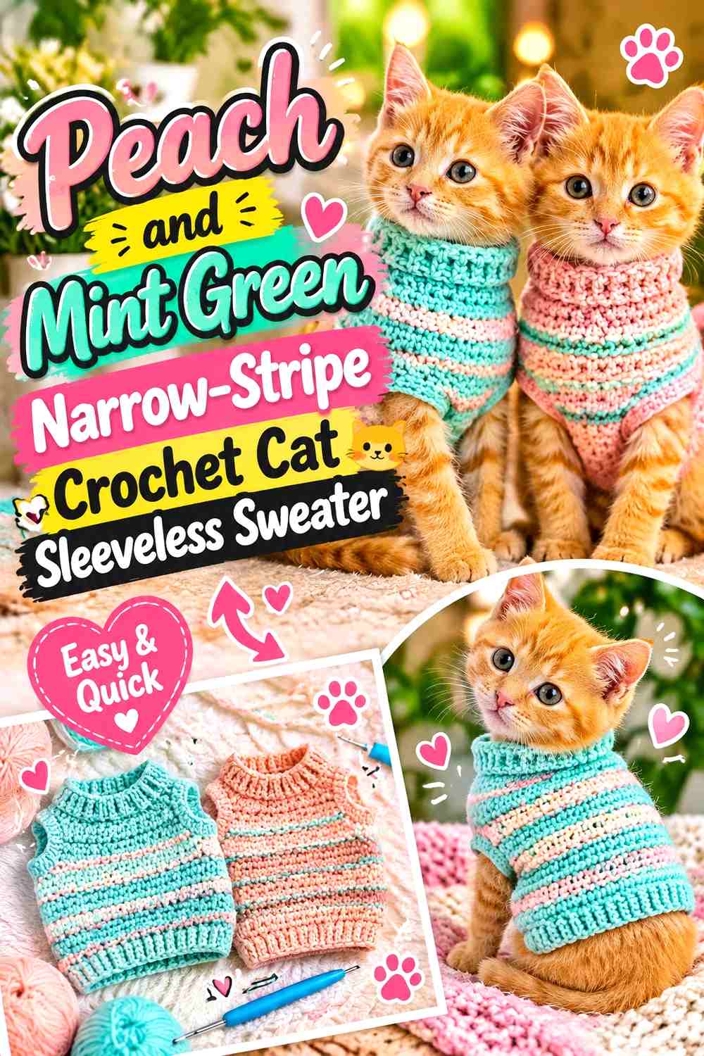 Peach and Mint Green Narrow-Stripe Crochet Cat Sleeveless Sweater