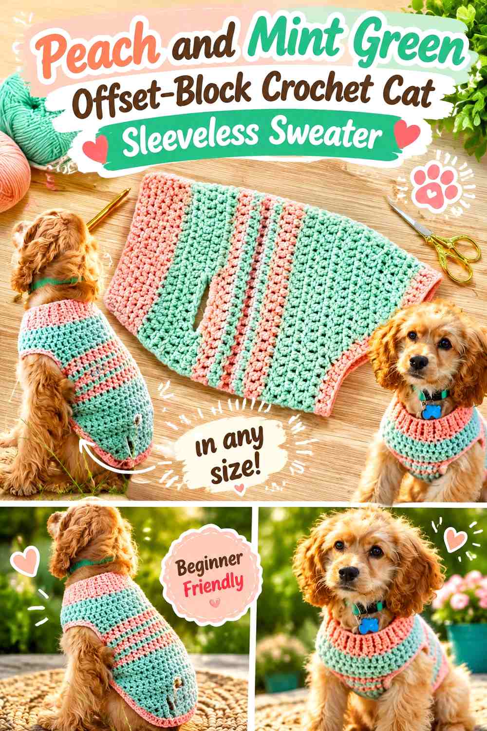Peach and Mint Green Offset-Block Crochet Cat Sleeveless Sweater