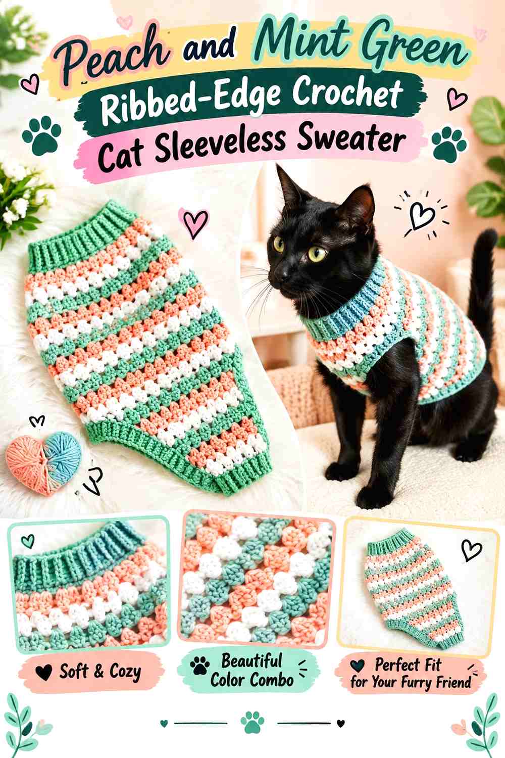 Peach and Mint Green Ribbed-Edge Crochet Cat Sleeveless Sweater