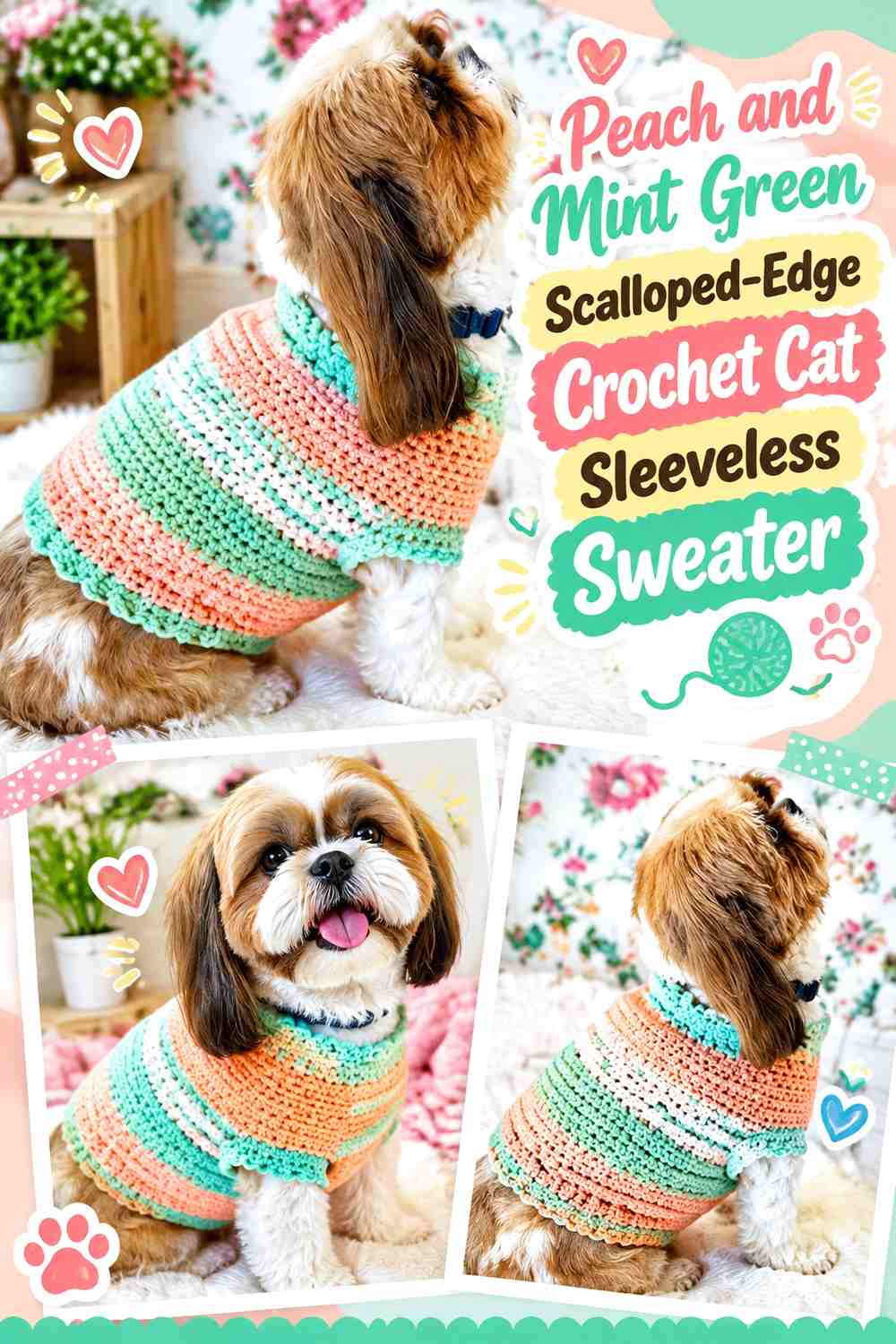 Peach and Mint Green Scalloped-Edge Crochet Cat Sleeveless Sweater