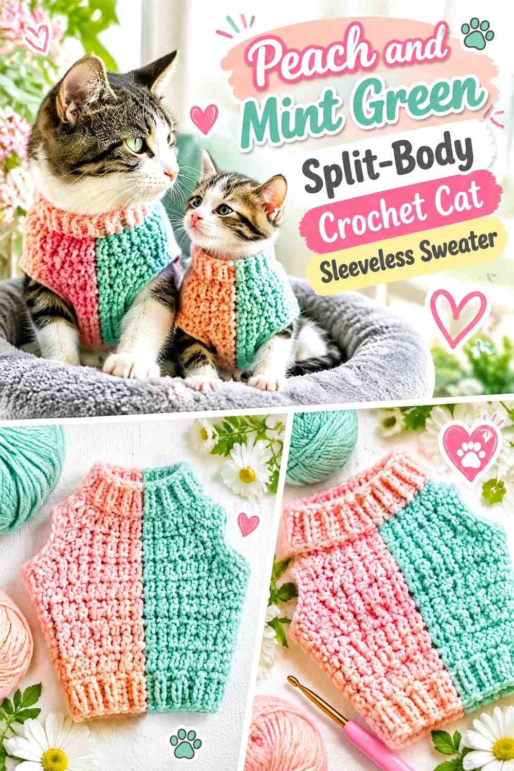 Peach and Mint Green Split-Body Crochet Cat Sleeveless Sweater