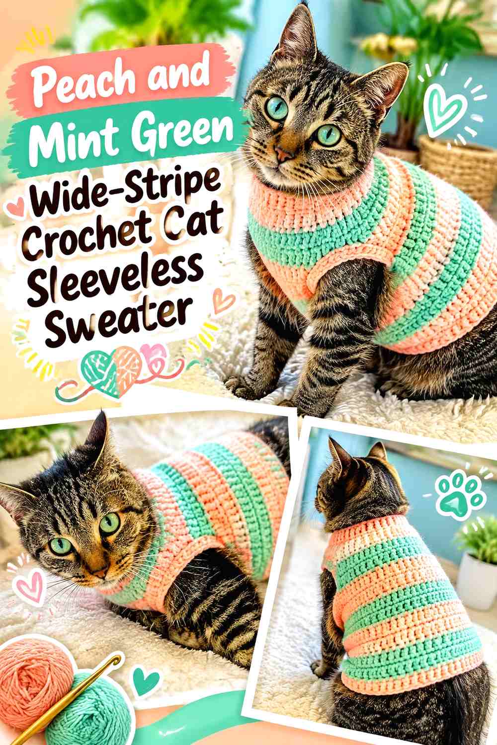 Peach and Mint Green Wide-Stripe Crochet Cat Sleeveless Sweater