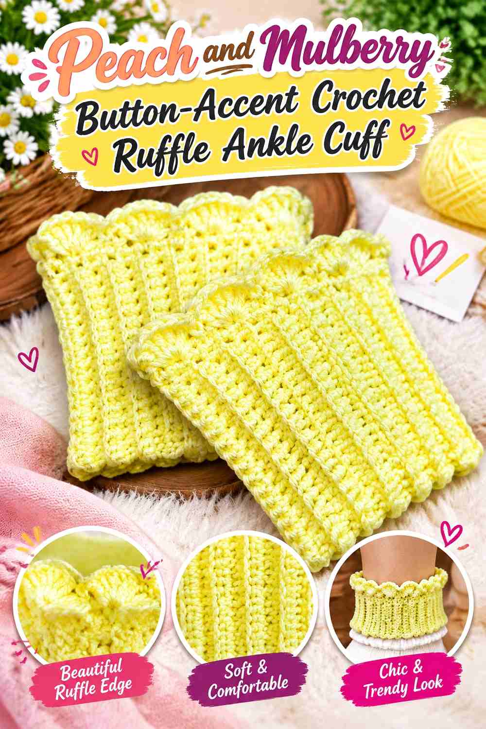 9. Peach And Mulberry Button Accent Crochet Ruffle Ankle Cuff