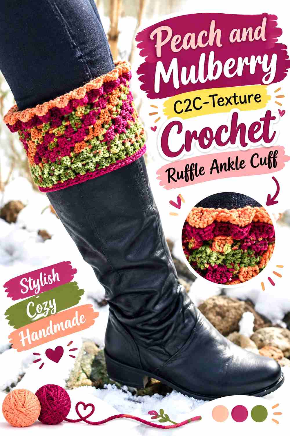 5. Peach And Mulberry C2c Texture Crochet Ruffle Ankle Cuff