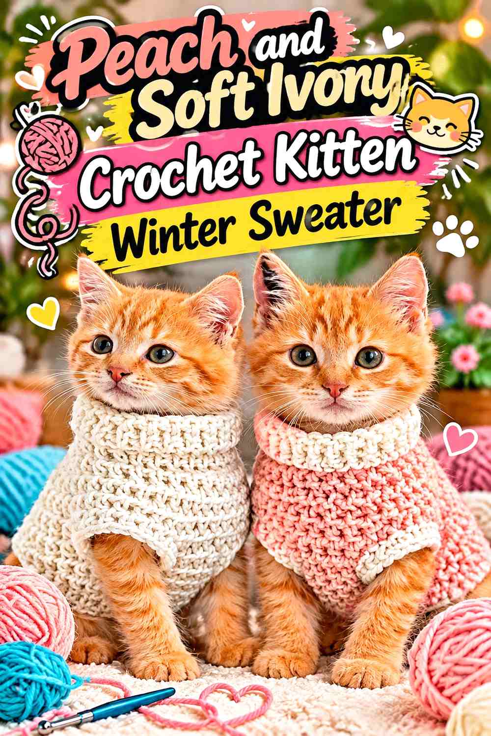 Peach and Soft Ivory Crochet Kitten Winter Sweater