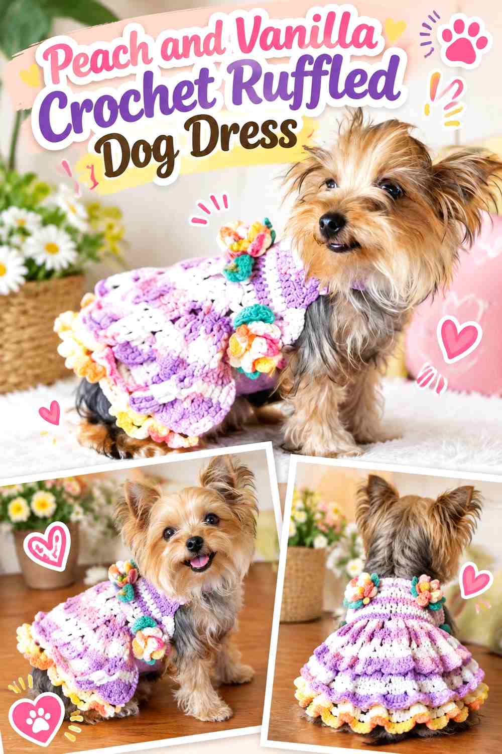 Peach and Vanilla Crochet Ruffled Dog Dress