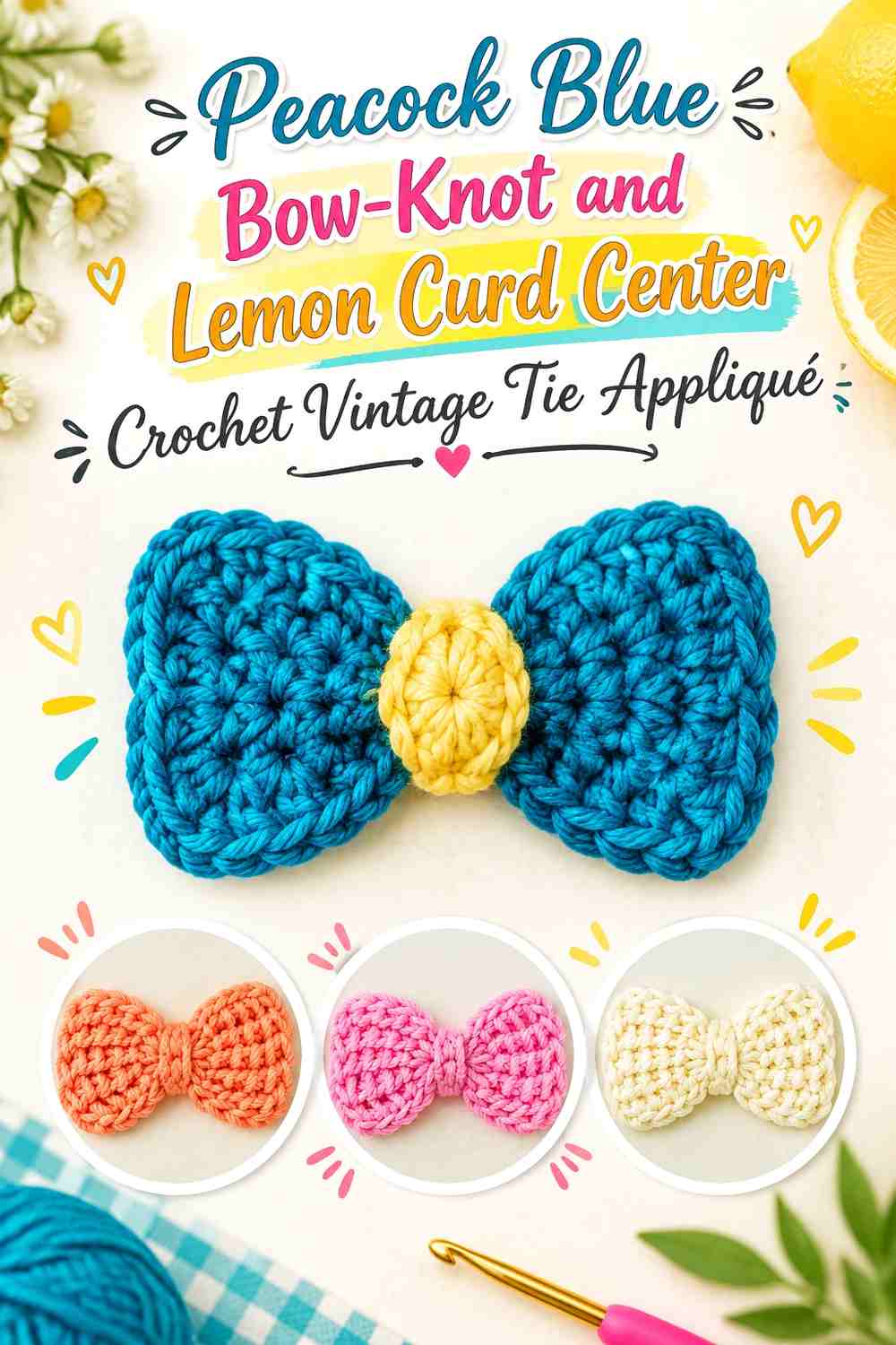 Peacock Blue Bow-Knot and Lemon Curd Center Crochet Vintage Tie Appliqué