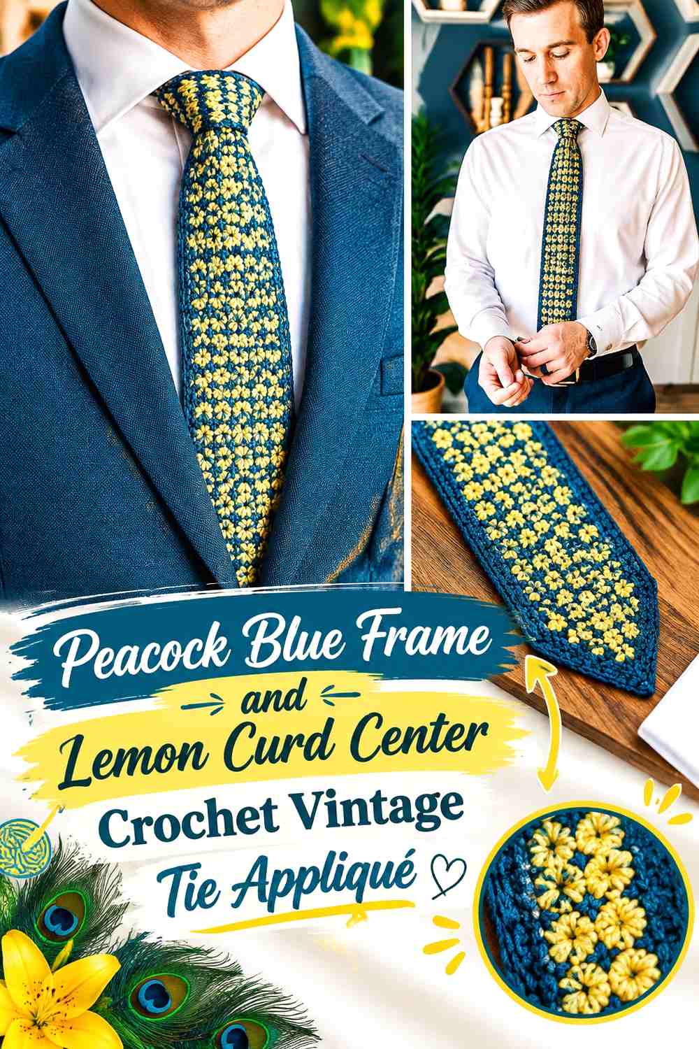 Peacock Blue Frame and Lemon Curd Center Crochet Vintage Tie Appliqué