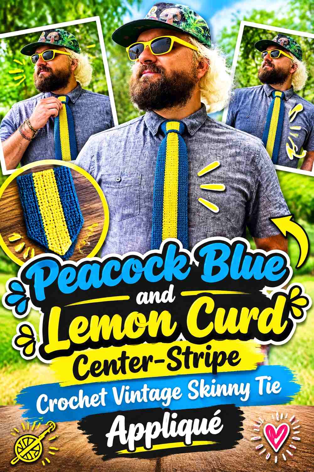 Peacock Blue and Lemon Curd Center-Stripe Crochet Vintage Skinny Tie Appliqué