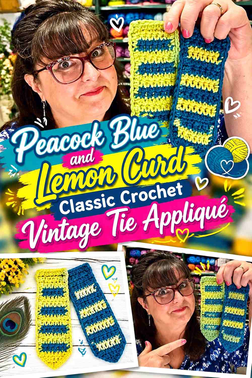 Peacock Blue and Lemon Curd Classic Crochet Vintage Tie Appliqué