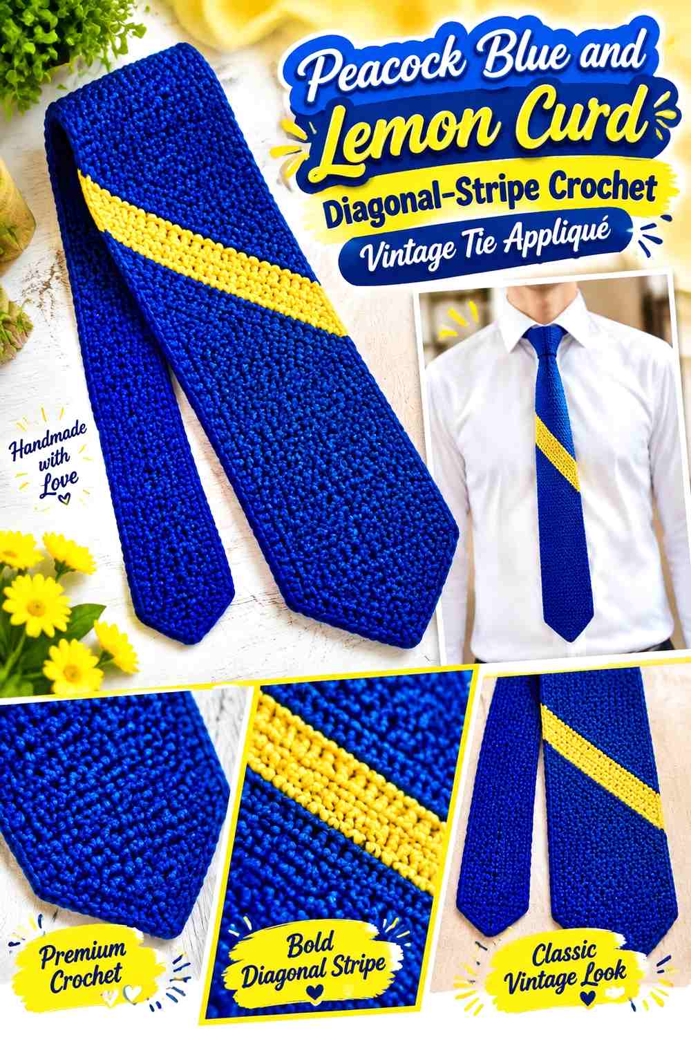 Peacock Blue and Lemon Curd Diagonal-Stripe Crochet Vintage Tie Appliqué