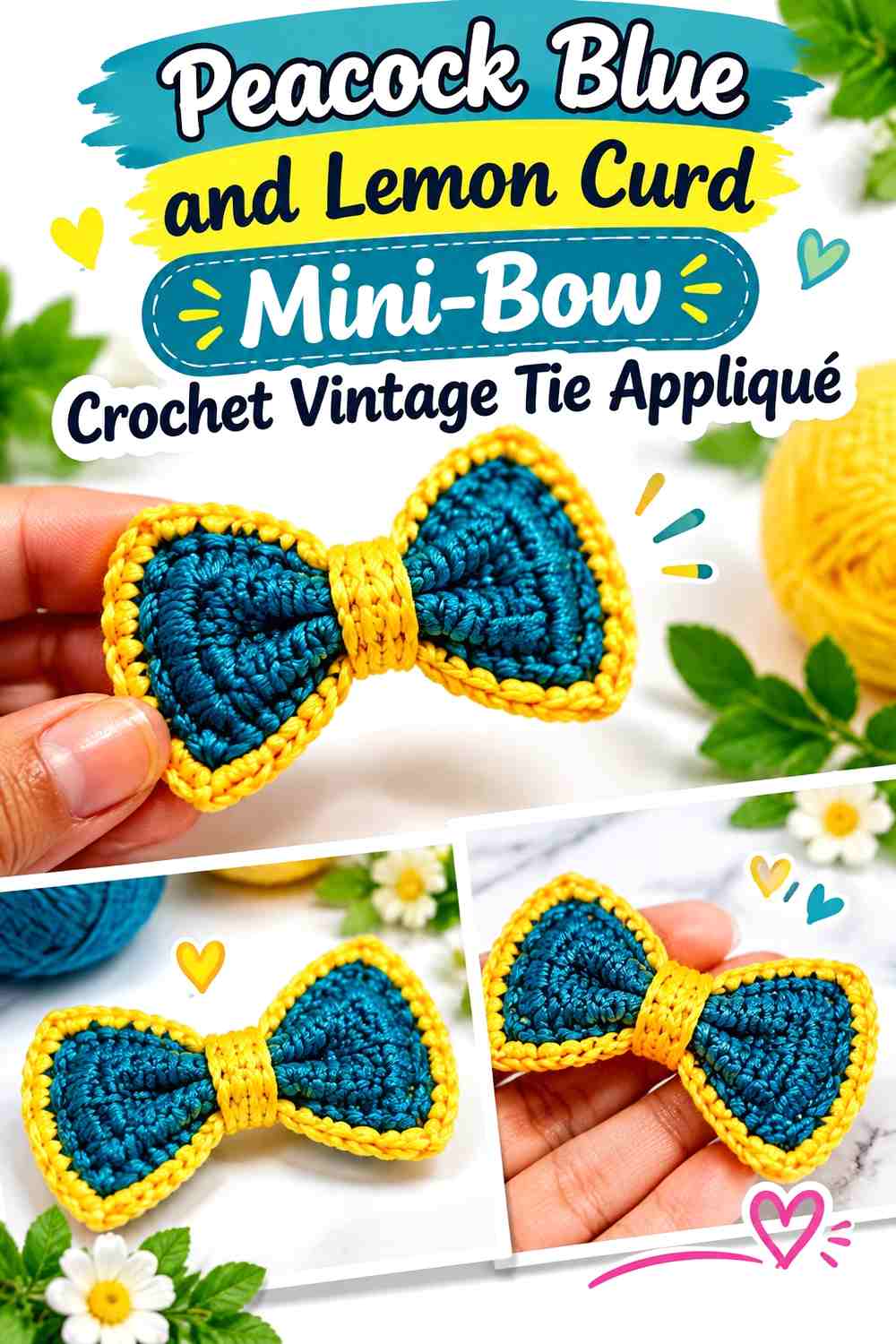 Peacock Blue and Lemon Curd Mini-Bow Crochet Vintage Tie Appliqué