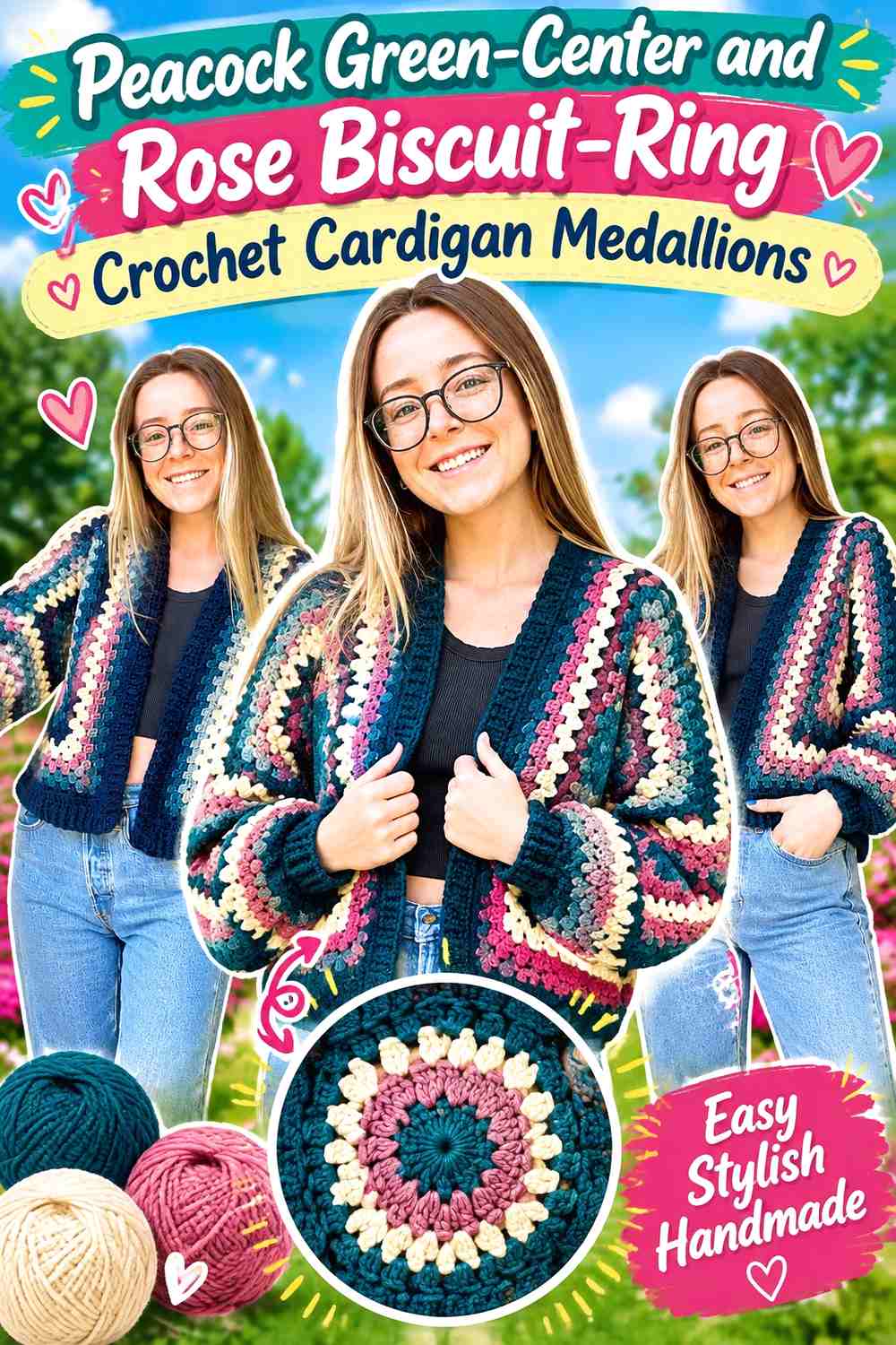 Peacock Green-Center and Rose Biscuit-Ring Crochet Cardigan Medallions