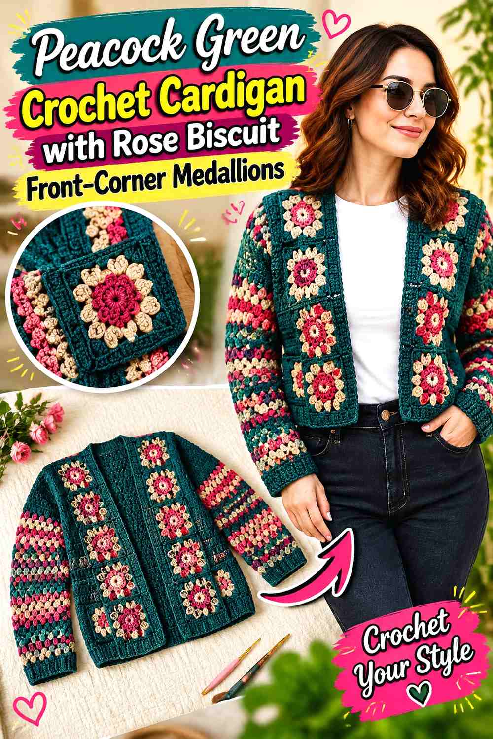 Peacock Green Crochet Cardigan with Rose Biscuit Front-Corner Medallions