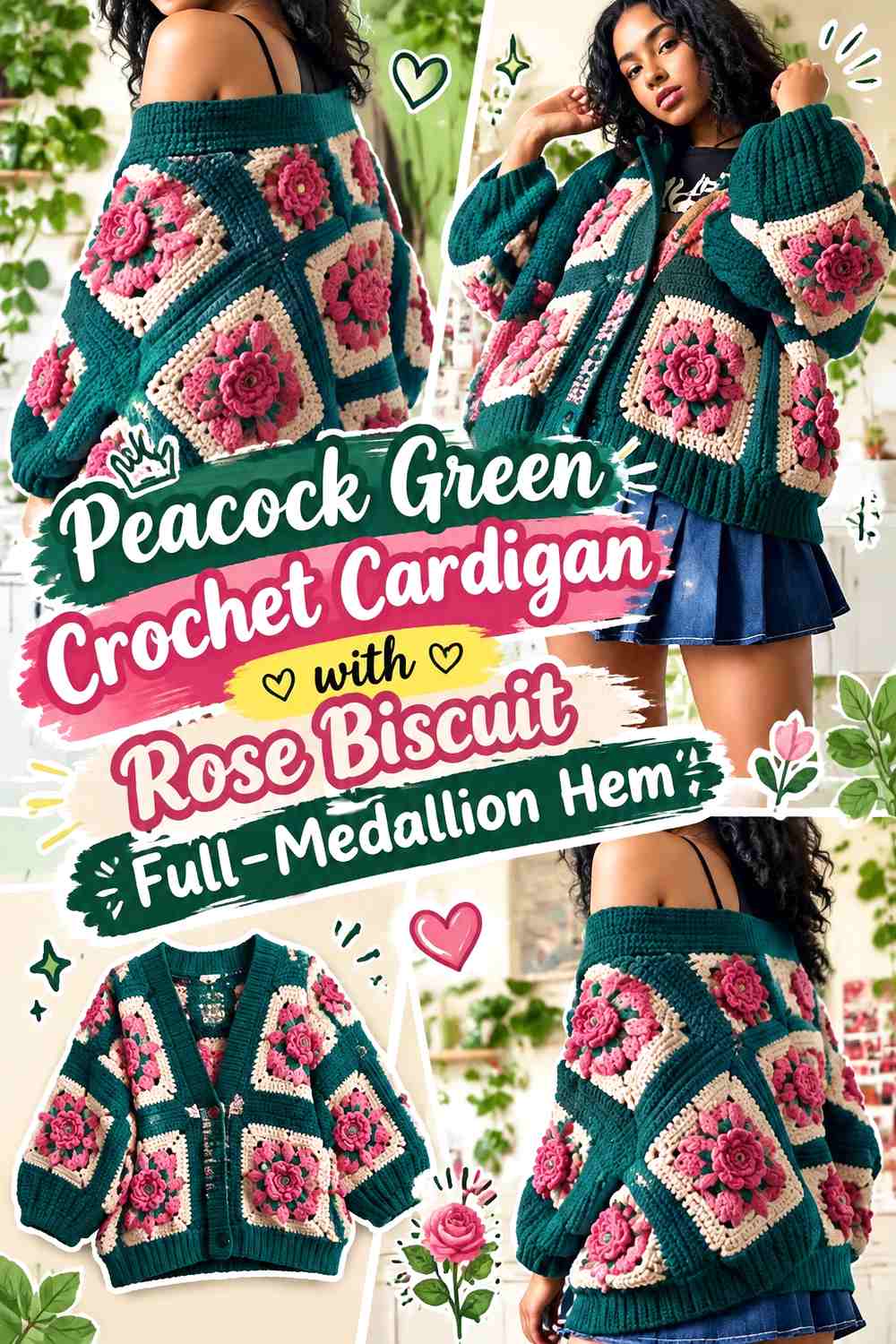 Peacock Green Crochet Cardigan with Rose Biscuit Full-Medallion Hem