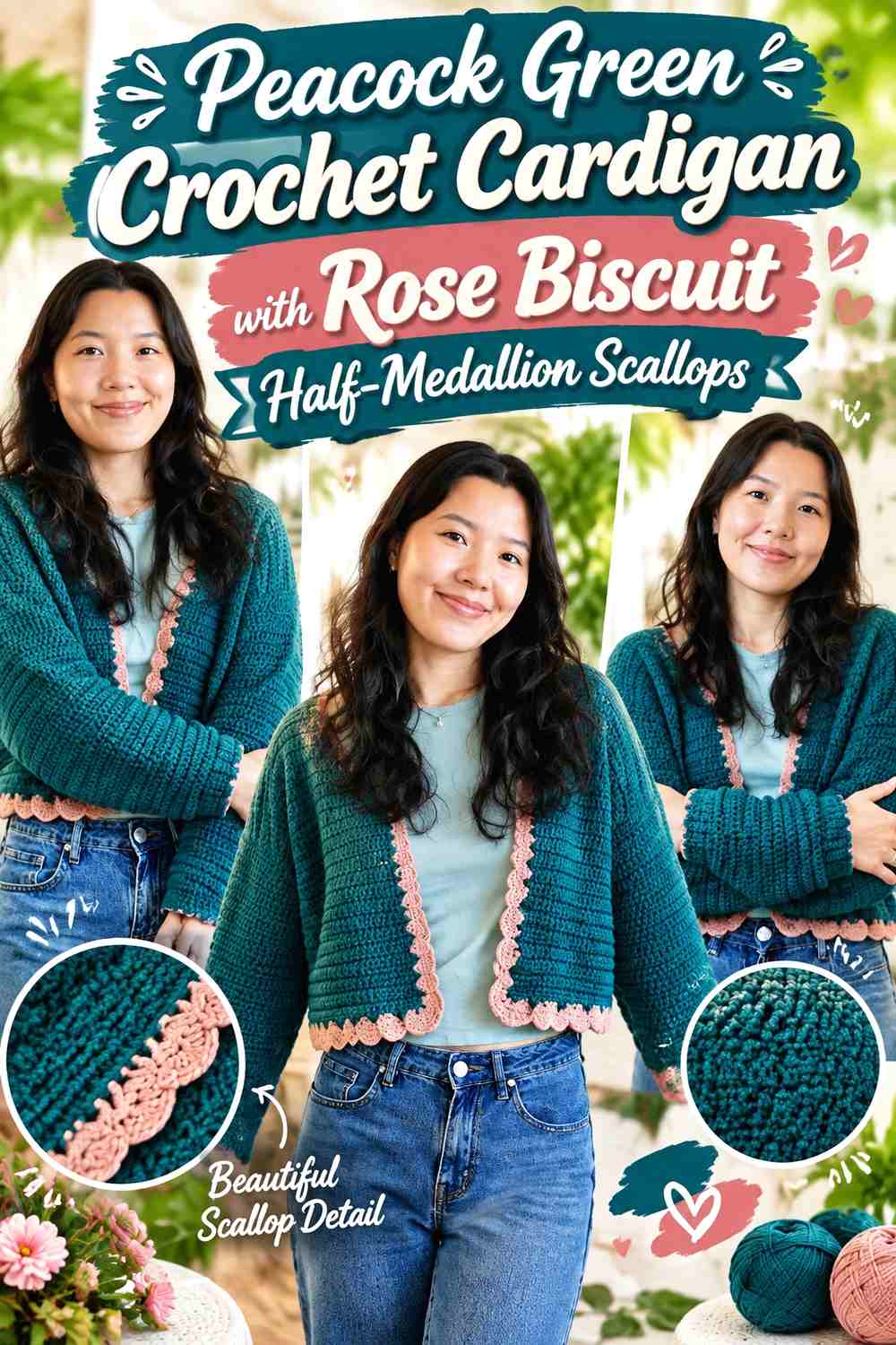 Peacock Green Crochet Cardigan with Rose Biscuit Half-Medallion Scallops