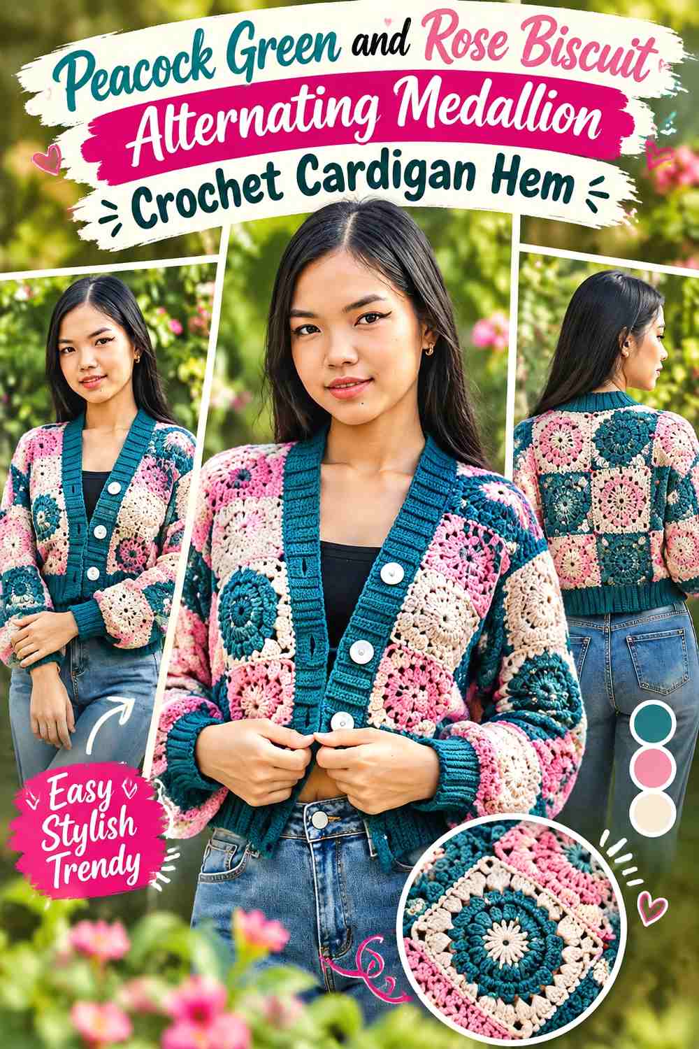 Peacock Green and Rose Biscuit Alternating Medallion Crochet Cardigan Hem