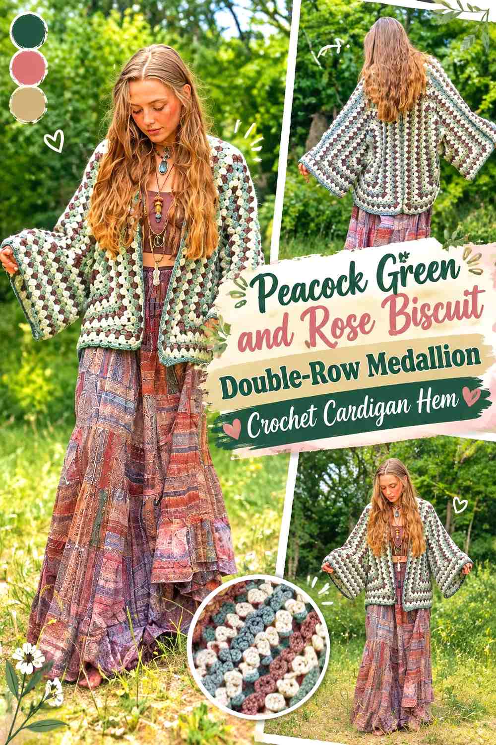Peacock Green and Rose Biscuit Double-Row Medallion Crochet Cardigan Hem
