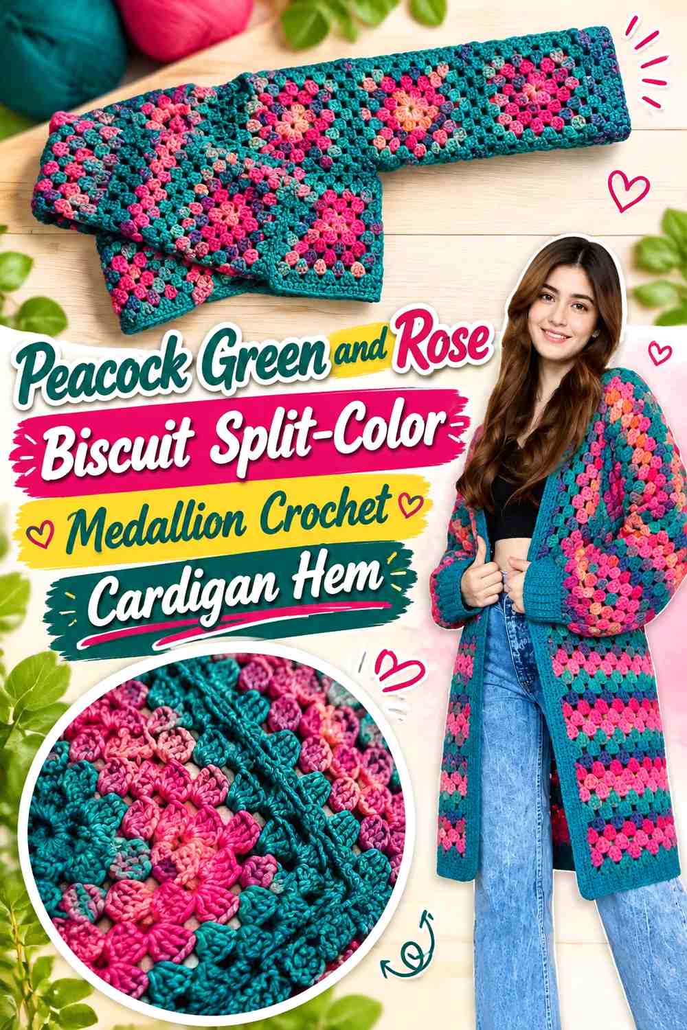 Peacock Green and Rose Biscuit Split-Color Medallion Crochet Cardigan Hem