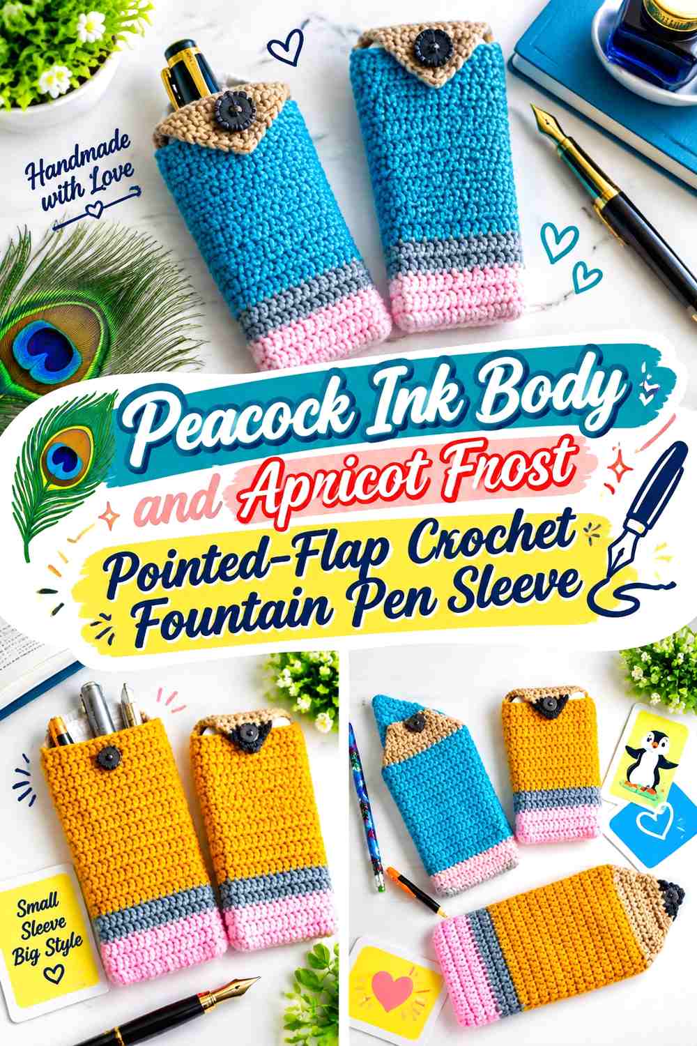 Peacock Ink Body and Apricot Frost Pointed-Flap Crochet Fountain Pen Sleeve
