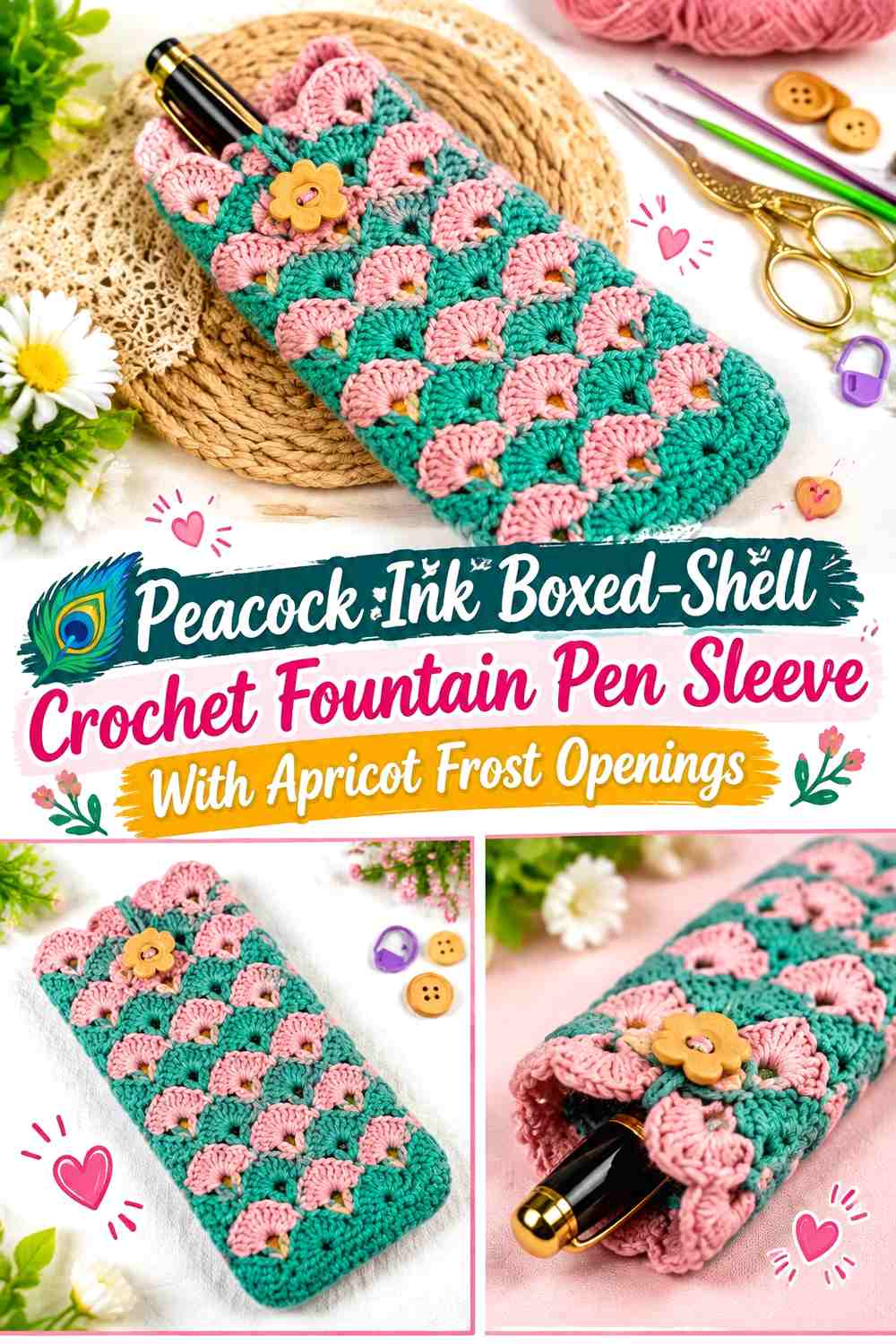 Peacock Ink Boxed-Shell Crochet Fountain Pen Sleeve With Apricot Frost Openings