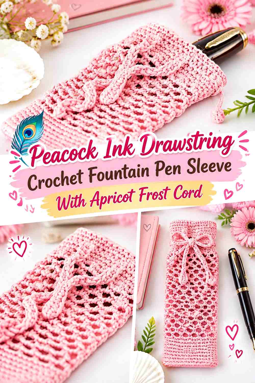 Peacock Ink Drawstring Crochet Fountain Pen Sleeve With Apricot Frost Cord