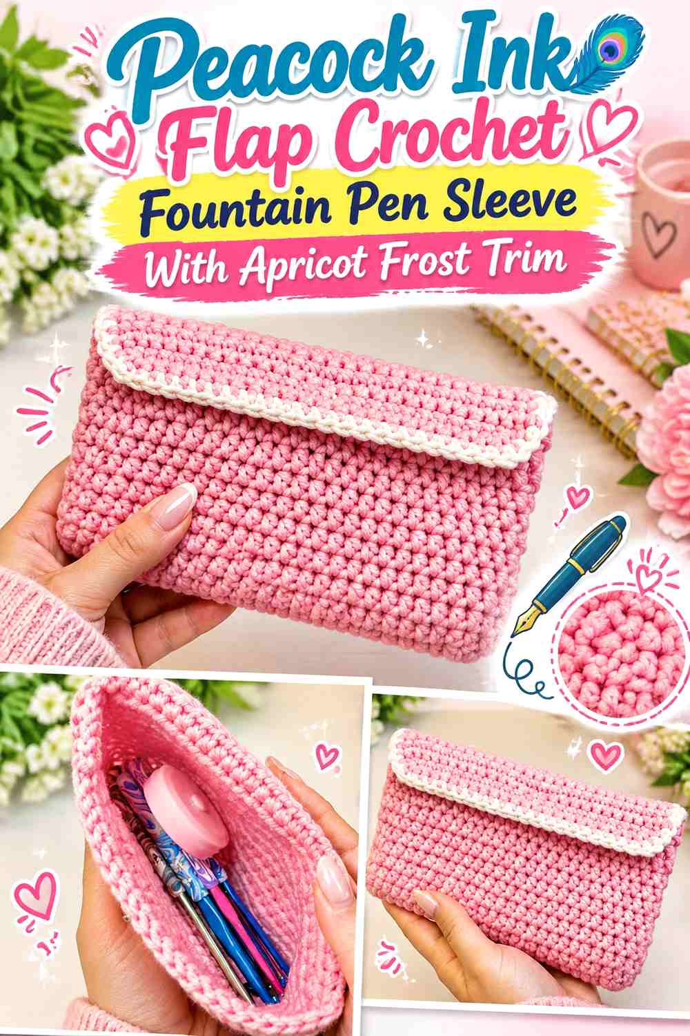 Peacock Ink Flap Crochet Fountain Pen Sleeve With Apricot Frost Trim
