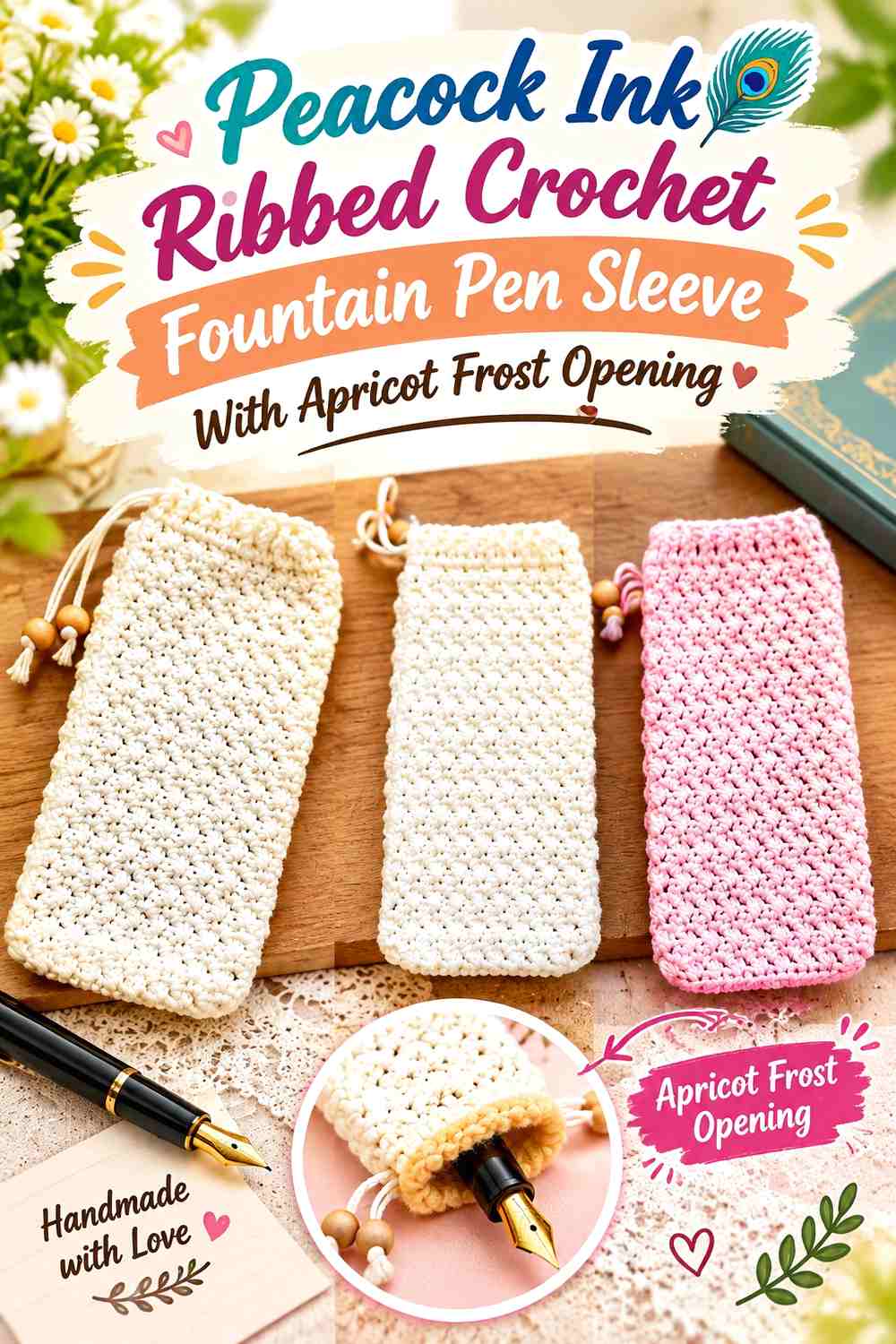 Peacock Ink Ribbed Crochet Fountain Pen Sleeve With Apricot Frost Opening
