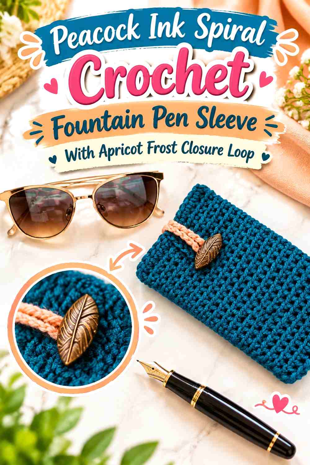 Peacock Ink Spiral Crochet Fountain Pen Sleeve With Apricot Frost Closure Loop
