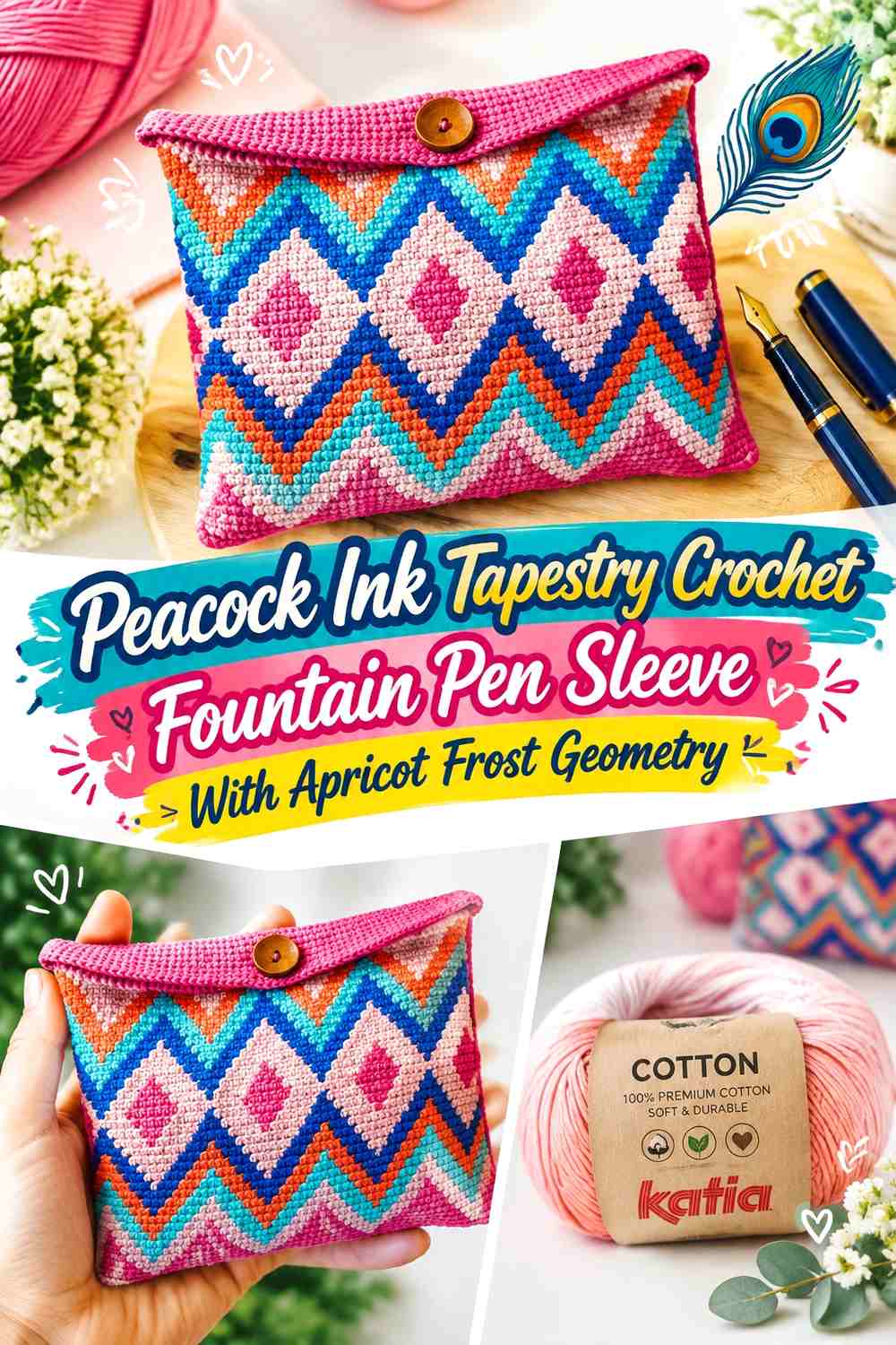 Peacock Ink Tapestry Crochet Fountain Pen Sleeve With Apricot Frost Geometry